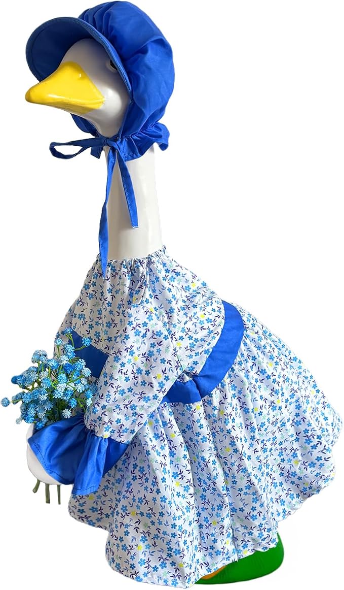 Spring Porch Goose Lady Outfits with Artificial Flowers - 23" Floral Dress Lawn Geese Clothes with Hat, Cute Porch Goose Summer Outfits for Patio Garden Decor, Best Gift for Mom Grandma