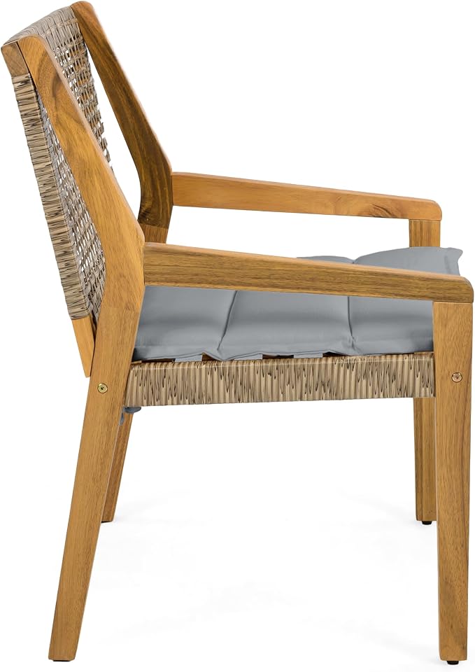 Christopher Knight Home Verle Wooden Patio Dining Set for 4, Acacia Wood Outdoor Dining Table Set for 4, 5 Piece Outdoor Dining Set with Round Table and Armchair with Seat Cushion, Teak+Grey