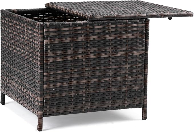 Wicker Rattan Patio Side Table with Lid, 27 Gallon PE Rattan Deck Box Patio Storage Chest, Wicker Storage Box Outdoor Coffee End Table for Porch Lawn (Brown)