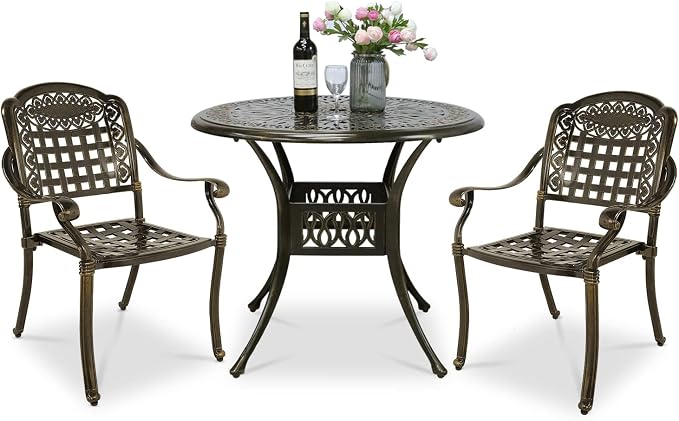 VIVIJASON 3-Piece Outdoor Patio Bistro Set, All-Weather Cast Aluminum Furniture Dining Sets Include 2 Chairs and 35.4" Round Table w/Umbrella Hole for Balcony, Lawn, Garden, Backyard, Antique Bronze