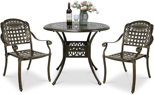 VIVIJASON 3-Piece Outdoor Patio Bistro Set, All-Weather Cast Aluminum Furniture Dining Sets Include 2 Chairs and 35.4" Round Table w/Umbrella Hole for Balcony, Lawn, Garden, Backyard, Antique Bronze