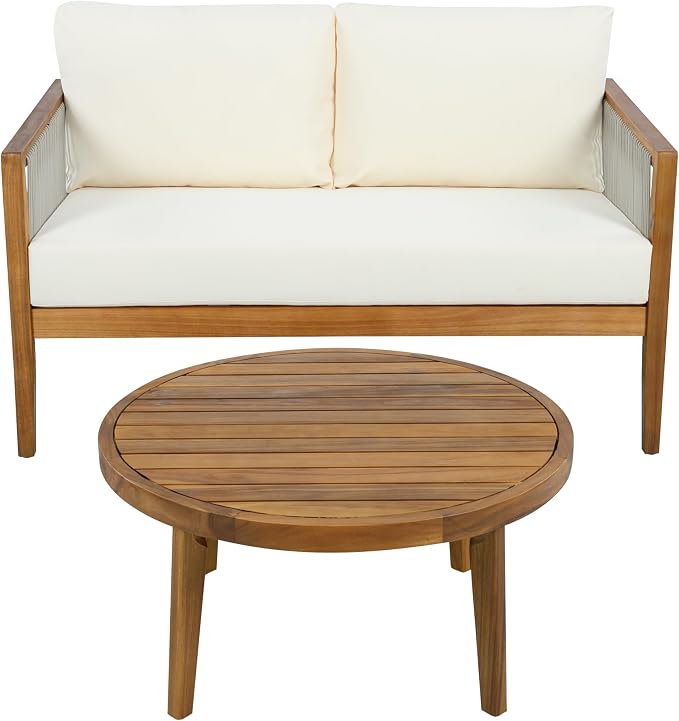 Christopher Knight Home Lalulu 4-Seater Patio Furniture Set with Cushion, 4 Piece Outdoor Acacia Wood Conversation Set, Sold Wood Outdoor Sectional Sofa Set with Coffee Table, Teak+Beige