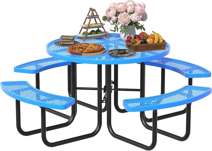 All-Weather Round Outdoor Picnic Table, Commercial Picnic Table Bench Set with Umbrella Hole, Thermoplastic Coated Metal Dining Tables for School, Stores, Park, Patio, Yard, Blue