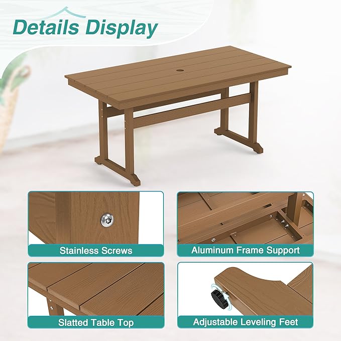 Rectangle Outdoor Dining Tables for 6, HDPS Weather Resistant Patio Dining Table, 66" Outdoor Tables with 1.96" Umbrella Hole for Porch, Balcony, Backyard, Light Brown