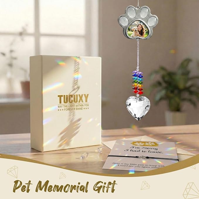 Dog Memorial Gifts for Loss of Dog, Personalized Pet Memorial Suncatcher with Paw Photo Frame, Pet Loss Sympathy Gift, Dog and Cat Remembrance Bereavement Passing Away Keepsake with Memorial Bracelet
