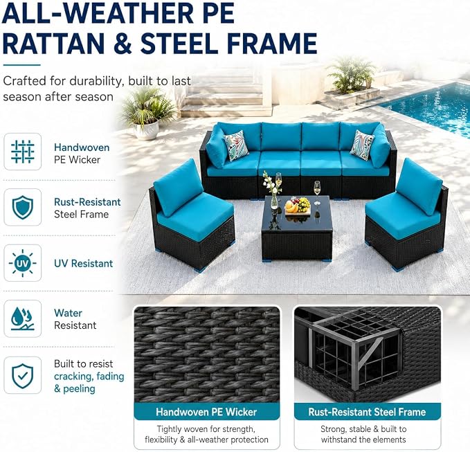 7 Piece Outdoor Sectional Outdoor Patio Furniture Set, Outdoor Patio Furniture Set with Coffee Table, Sectional Couch Sofa with Cushions, Wicker Outdoor Conversation Set for Backyard & Garden, Blue