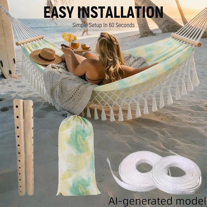 Portable Hammock,Bohemian Hammock,Rope Hammock,Suitable,Yard, Beach, Backyard,Garden (Green, 79 * 59)