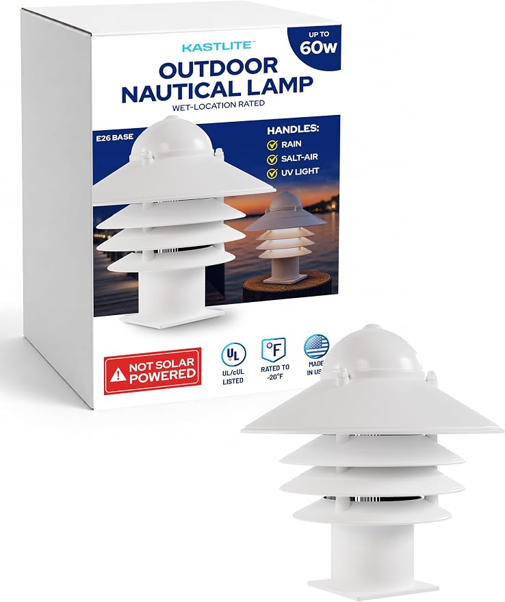 Nautical Pier Mount Outdoor Lighting - Salt-Air Tough Rust-Proof Non-Metallic Coastal Lamps - UL Listed Dock Lights - Patio Fence Deck Porch Lights Outdoor - USA Made, Short, Basic, White