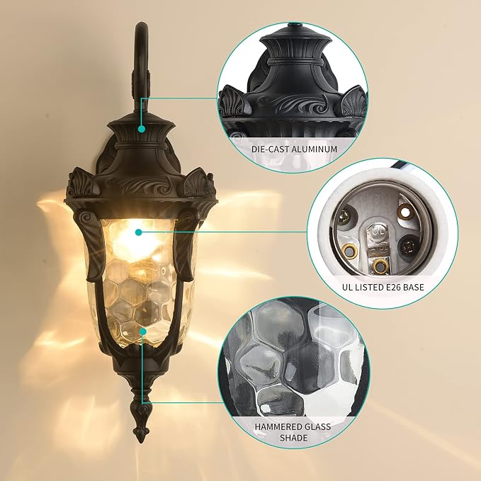 16.93” Outdoor Wall Light Fixture Black Exterior Wall Lantern | Outside Waterproof Sconce Rustic Porch Lights Wall Mount with Hammered Glass Shade for House