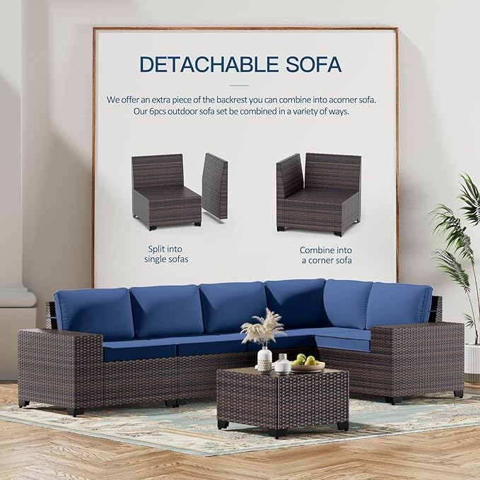 7 PCS Outdoor Patio Furniture Set,Outdoor Sectional Furniture with 43" 55000 BTU Gas Propane Fire Pit Table,All Weather PE Rattan Wicker Patio Conversation Set,Navy Blue