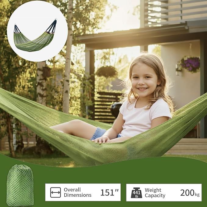 Hammock, Super Soft Breathable Nylon Mesh with Thick Rope, Heavy-Duty 200KG Capacity, Portable Outdoor & Indoor Camping Hammock, Includes Tree Straps, Carabiners & Bag(Army GreenX-Large)