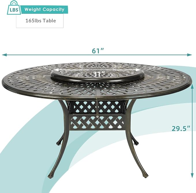 MEETWARM Outdoor 61" Round Patio Dining Table with Detachable Lazy Susan, All Weather Cast Aluminum Large Patio Furniture Table Fits for 6-8 Person with 2" Umbrella Hole, Smooth Spin, Dark Bronze