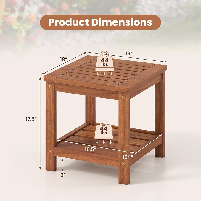 Tangkula Outdoor Side Table, 2-Tier Solid Wood Patio Table with Slatted Tabletop & Storage Shelf, Indoor Outdoor Square Small End Table for Patio, Garden, Yard, Porch, Living Room (2)