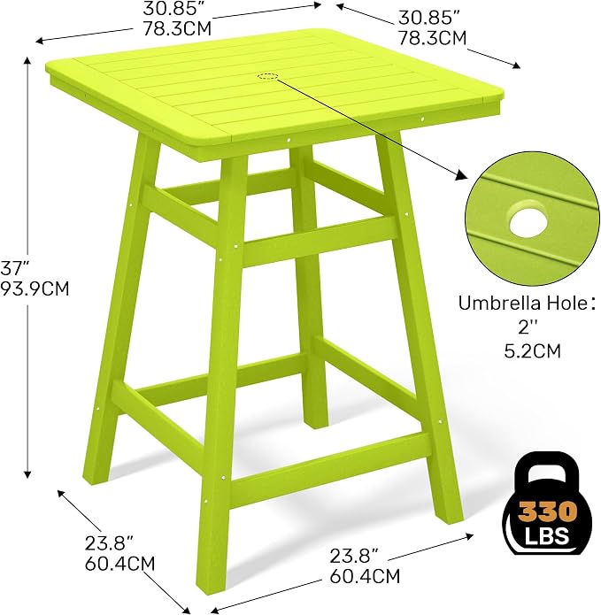 Costaelm Outdoor Bar Table, 37" Counter Height Square Patio Cocktail Bar Table with Umbrella Hole, Patio Bistro Dining Pub Table for Front Porch Deck Backyard Garden, Lime