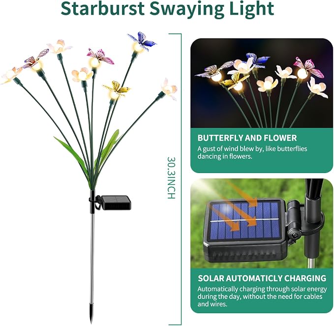 FENSAN Solar Garden Lights,2packs-16LED,Outdoor Solar Powered Decor for Yard, Patio, Pathway, IP65 Waterproof Butterfly Lights