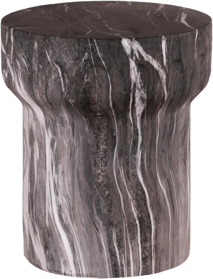 Outdoor Side Table Round Faux Marble Side Table Barrel End Tables Cement Accent Tables Patio Small Cofee Table Garden Stool for Porch, Backyard Balcony,15.55",Grey, Weather Resistant, MgO