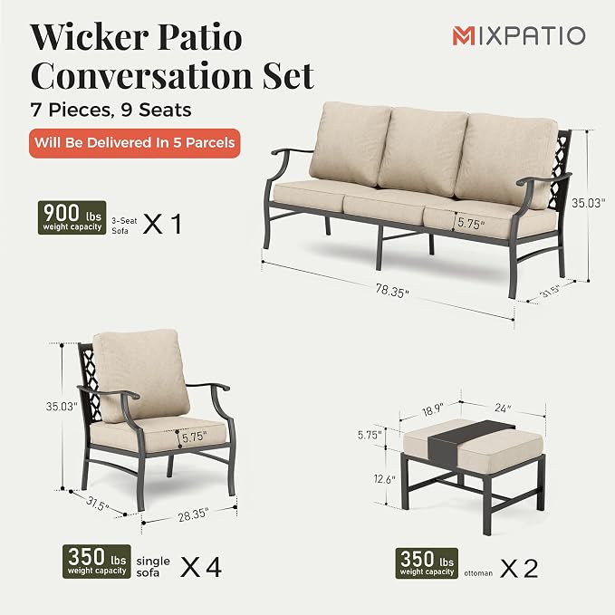 MIXPATIO Patio Furniture Set 7 pcs, Outdoor Patio Furniture, 3-Seat Sofa, 4 Single Chairs, 2 Ottomans and 5.75" Extra Thick Cushion, Patio Conversation Set for Garden Backyard Deck,Beige