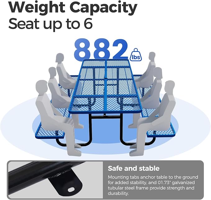 72 Inch Heavy Duty Picnic Table for Outdoors, Rectangular Camping Table with Benches and 1.78" Umbrella Hole, Commercial Grade Steel Frame, 2200 lbs Load Capacity, Blue
