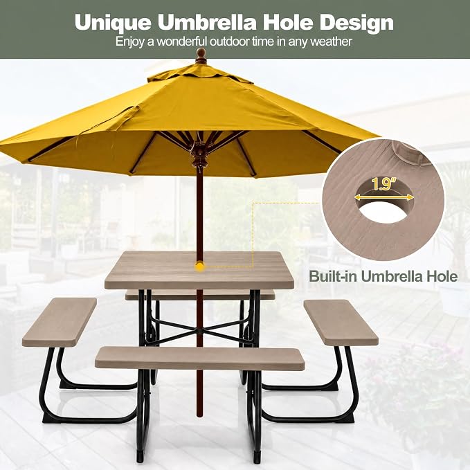 POWERSTONE Picnic Tables with Benches for 8, Outdoor HDPE Picnic Table with Umbrella Hole, Heavy Duty 35" Portable Dining Set Camping Table for Backyard, Patio, Park(Coffee)