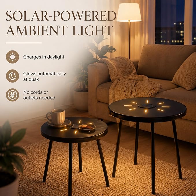 HRVEOCEI Black Round Nesting Coffee Table Set of 2, 2 PCS Small Outdoor Nesting Tables with LED Light for Living Room, Metal Side Table Set for Balcony Patio (50 Inch + LED)