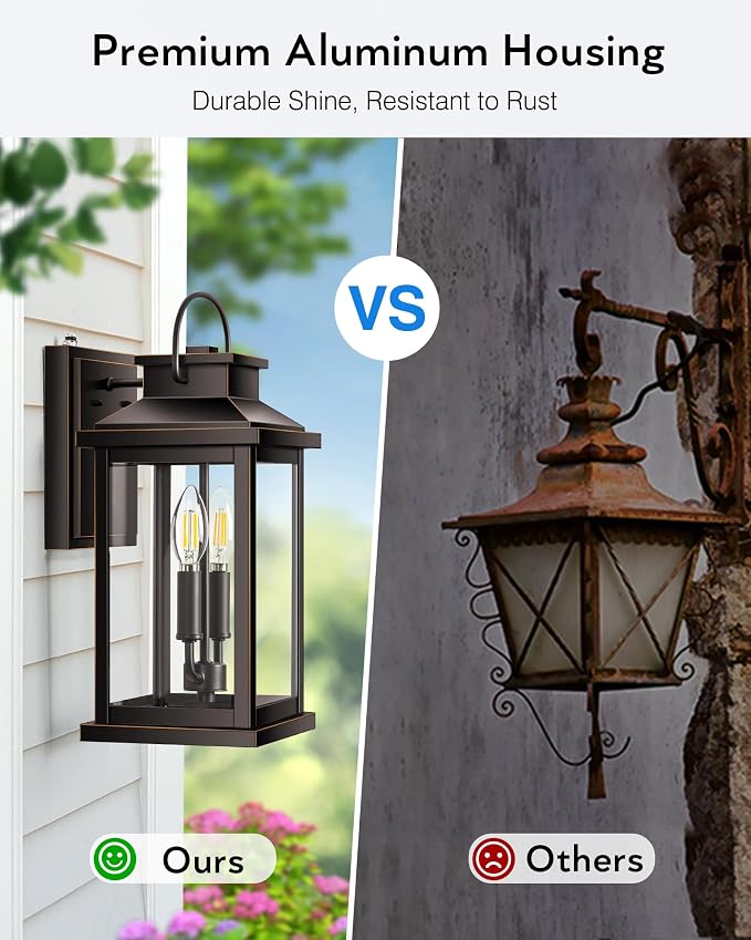 VIANIS Large Dusk to Dawn Outdoor Light Fixture Wall Mount, Waterproof | Anti-rust, Front Door Exterior Wall Sconce Lantern ORB Gold Trim, Farmhouse Outside Wall Lights for House Patio Garage