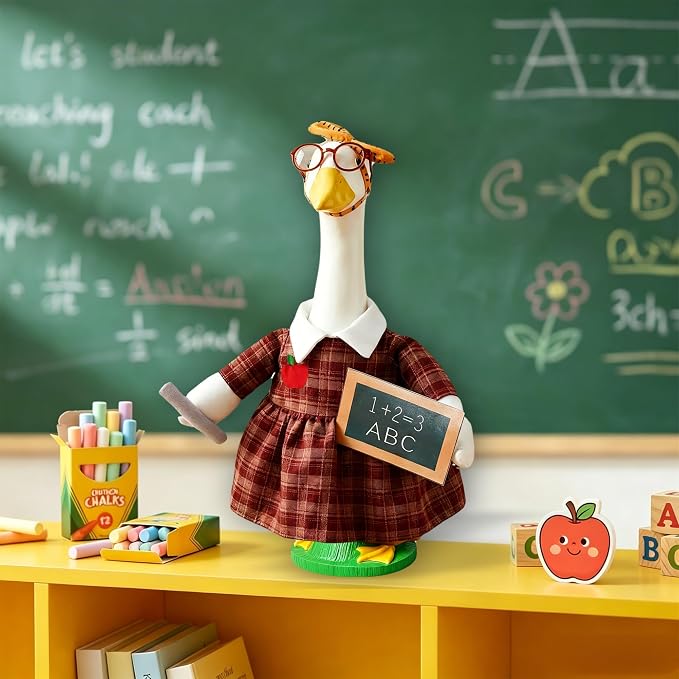 Back to School Porch Goose Outfit – Teacher Costume Set with Ruler Headpiece, Glasses, Plaid Skirt, Exam Papers & Chalkboard Prop for 23'' H Plastic/Cement Statues, Classroom Yard Garden Decor