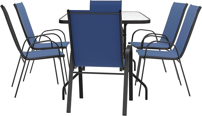 EMMA + OLIVER Seven Piece Indoor/Outdoor Dining Set - Metal Table with Tempered Glass Top - Six Navy Flex Comfort Chairs- Umbrella Hole - All Weather