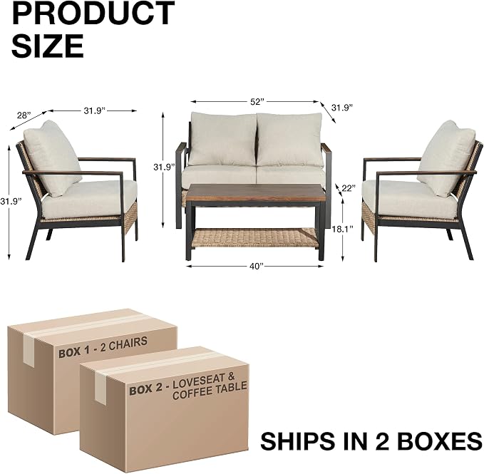 4-Piece Patio Conversation Set, Steel Outdoor Furniture Set with Coffee Table and Beige Cushions, Toolless Easy Assembly, Modern Sectional Sofa for Backyard, Garden & Lawn