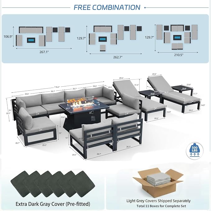 NICESOUL 13 Pcs Large Modern Aluminum Outdoor Sofa with Lounger & Fire Pit Table, 29" Deep Seat, 500 lbs Durable Sectional Set for Heavy People, All Weather Patio Furniture Set for Garden,Light Gray