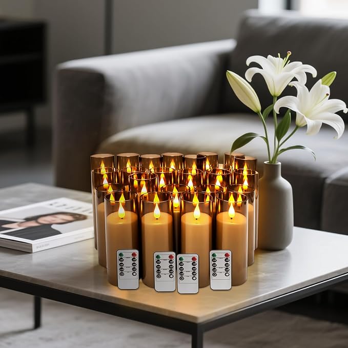 YOROXRG Halloween Decoration Flickering Flameless Candles Battery Operated Timer Led Pillar Candles with Realistic Moving Wick Candles for Home Decor 24 Pack (D2.2 xH 5" 6" 7")(Grey)