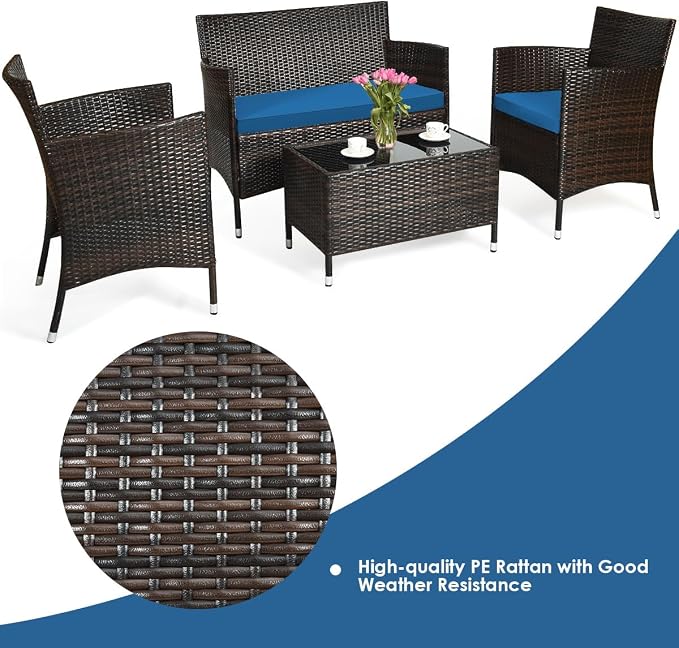 8 Pieces Patio Sofa Set, Wicker Conversation Set with Ergonomic Curved Backrest, Water-Resistant Cushion & Tempered Glass Table for Balcony, Porch (Peacock Blue)