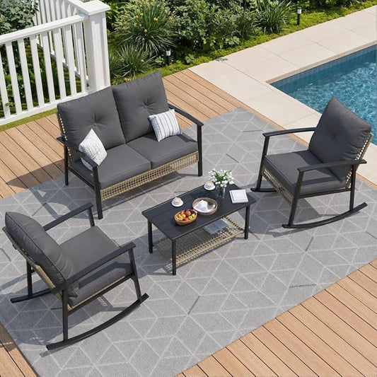 Deersky 4 Piece Outdoor Patio Furniture Set, Outdoor Rocking Chairs and Table, All-Weather Modern PE Wicker Rattan Patio Conversation Set for Porch Sunroom Deck and Yard, Dark Grey