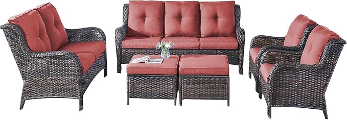 Rilyson Outdoor Patio Furniture Sofa Set - 6 Piece Rattan Wicker Patio Sectional Conversation Sets with 1 Sofa,1 Loveseat,2 Armrest Chairs and 2 Ottomans for Porch Deck Garden(Brown/Red)