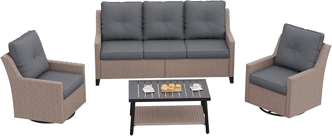 NestNook 4 Piece Patio Furniture Set, Outdoor Rattan Swivel Glider Chairs Set of 2 with 3-Seater Sofa and Coffee Table Wicker Patio Conversation Set for Backyard Balcony & Poolside（Dark Grey）