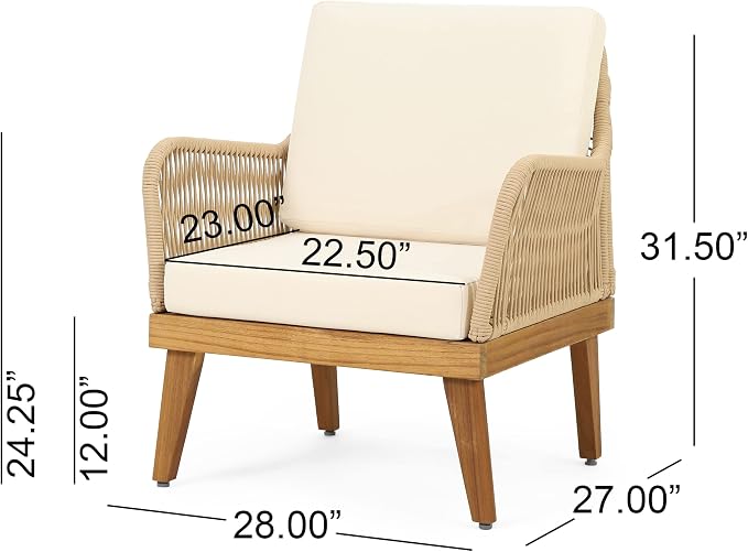 4-Piece Acacia Wood Patio Furniture Set, Outdoor Conversation Set with Rope Weave, Loveseat, 2 Chairs & Coffee Table, Teak