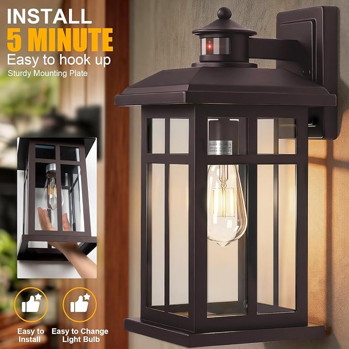 Brilvibera Motion Sensor Outdoor Wall Sconces Hardwired 16" Bronze | Outdoor Sconce Lights Dusk to Dawn for House, Doorway, and Garage, Rustic Brown Motion Sensing Outside Porch Light