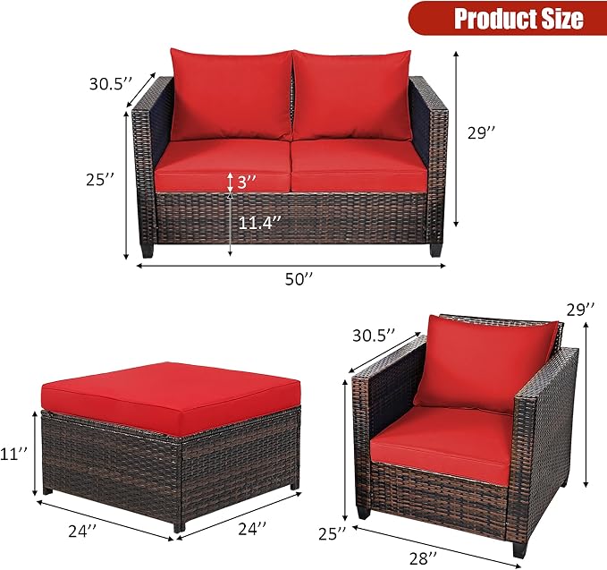DORTALA 5-Piece Outdoor Patio Conversation Set, Loveseat and 2 Ottoman, Outdoor Sectional Rattan Sofa Set, Multifunctional Rattan Furniture Set Suitable for Home Backyard Garden Poolside Balcony, Red