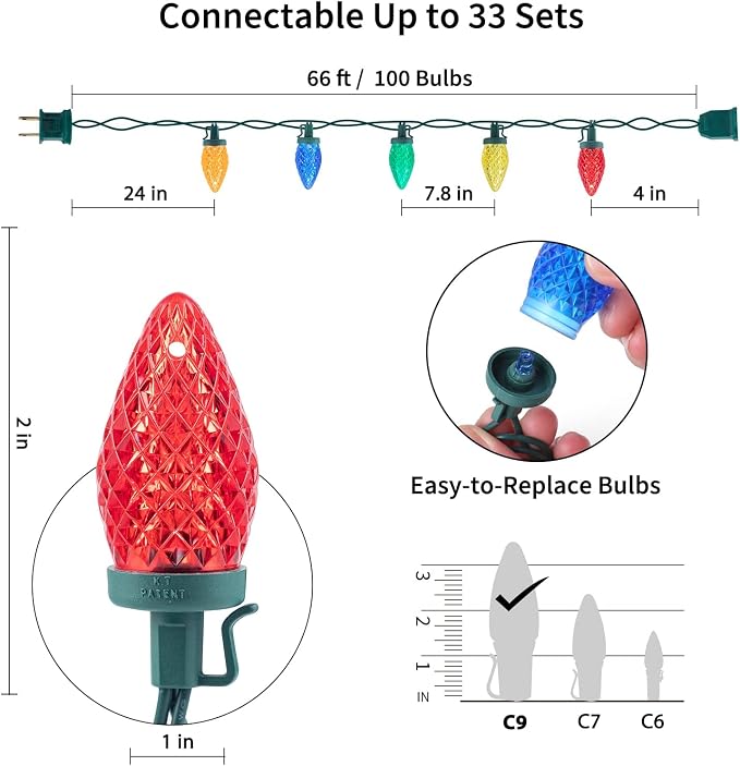 Brightown C9 Christmas String Lights Multicolor, 66ft 100 LED Faceted Christmas Lights on Green Wire, Plug-in Large Bulb Strawberry String Lights for House Roof Roofline Christmas Tree Party Outdoor