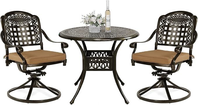 VIVIJASON 3-Piece Patio Bistro Set, Outdoor All-Weather Cast Aluminum Furniture Dining Set, Include 2 Swivel Chairs and 34.5" Round Table w/Umbrella Hole for Balcony, Lawn, Garden, Antique Bronze