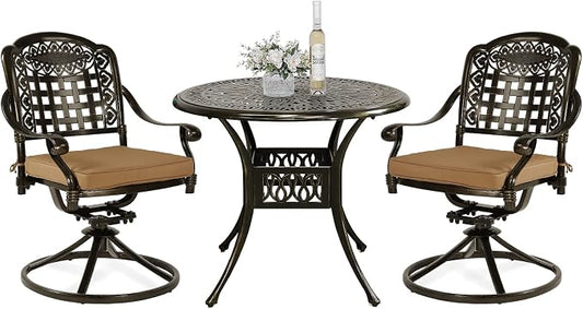 VIVIJASON 3-Piece Patio Bistro Set, Outdoor All-Weather Cast Aluminum Furniture Dining Set, Include 2 Swivel Chairs and 34.5" Round Table w/Umbrella Hole for Balcony, Lawn, Garden, Antique Bronze