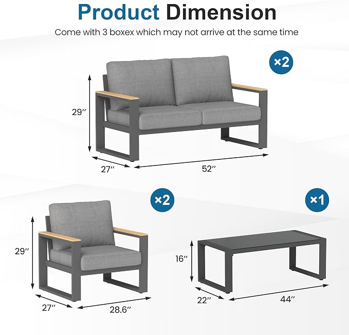 Aluminum Outdoor Patio Furniture Set with Height-adjustable Footrest for Lawn Porches Patio, 6-Seats All-weather Patio Sofa Sets with Coffee Table, Modern Outdoor Patio Conversation set, Grey