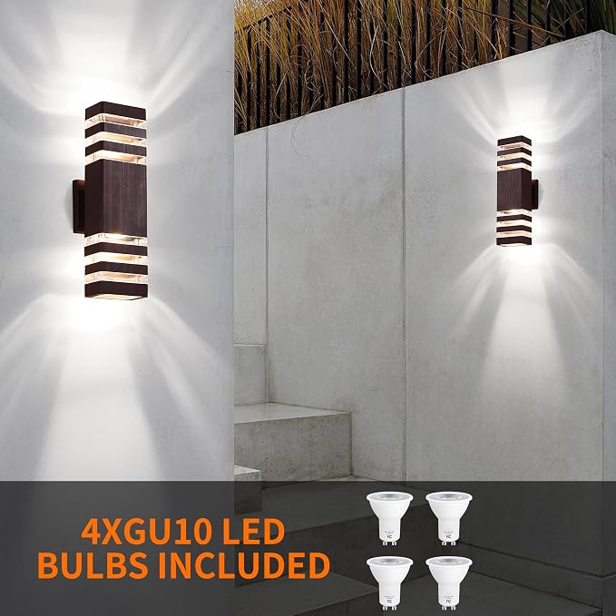 2 Pack Outdoor Wall Lights, Modern Exterior Light Fixture Wall Mount Brown Outdoor Lights for House, Waterproof Aluminum Up and Down Porch Lights Wall Sconces for Garage Patio, 3-Layer