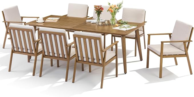 9 Pieces Patio Dining Set for 8, Aluminum Outdoor Dining Table Sets with Umbrella Hole, Modern Outdoor Patio Furniture Set with 8 Chairs and Table for Backyard, Poolside and Deck,Teak