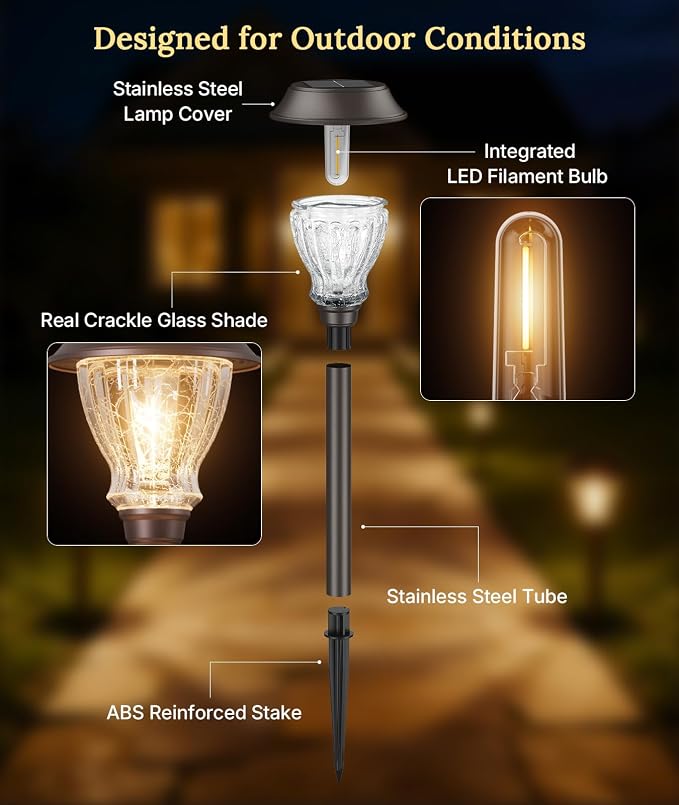 XMCOSY+ Solar Pathway Lights Outdoor, Warm White Landscape Lighting, 8 Pack | Crackled Glass Metal Garden Lights, IP65 Waterproof, Soft 2700K LED, Auto On/Off Landscape Lights for Path, Yard, Walkway