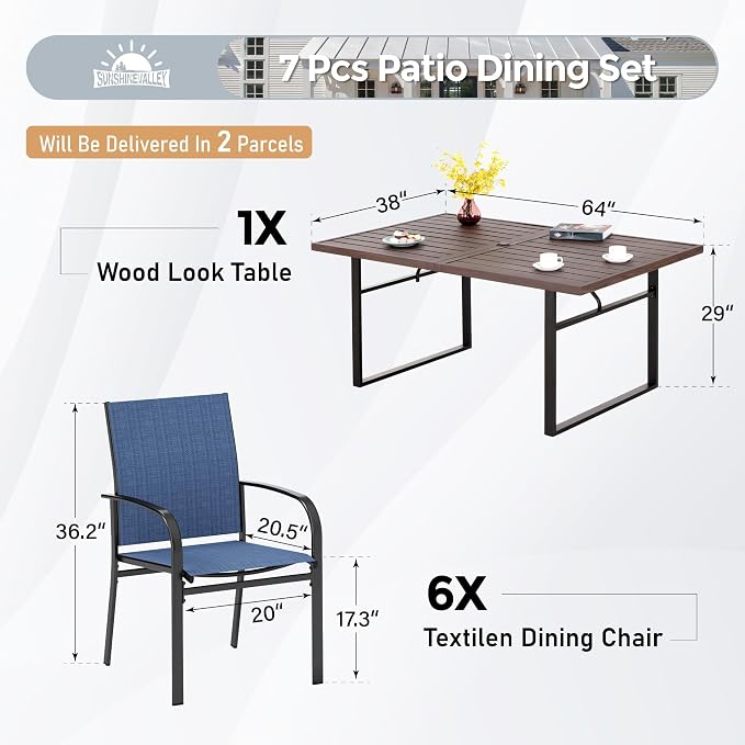 SUNSHINE VALLEY 7 Piece Patio Dining Set for 6, 64” Rectangular Wood-Like Steel Dining Table with Umbrella Hole, 6 x Blue Chairs, Outdoor Table and Chairs Set for Lawn Backyard and Deck