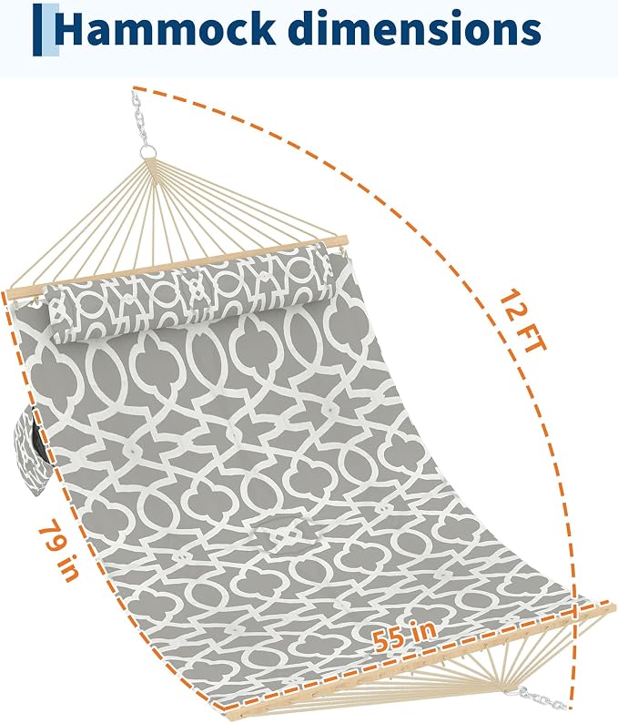 TrailBlaze Comfortable 2 Person Quilted Hammock with Hardwood Spreader Bars & Pillow – 450lbs Capacity – Ideal for Patio, Backyard, or Poolside – Double Outdoor Hammock – Light Gray Stripes