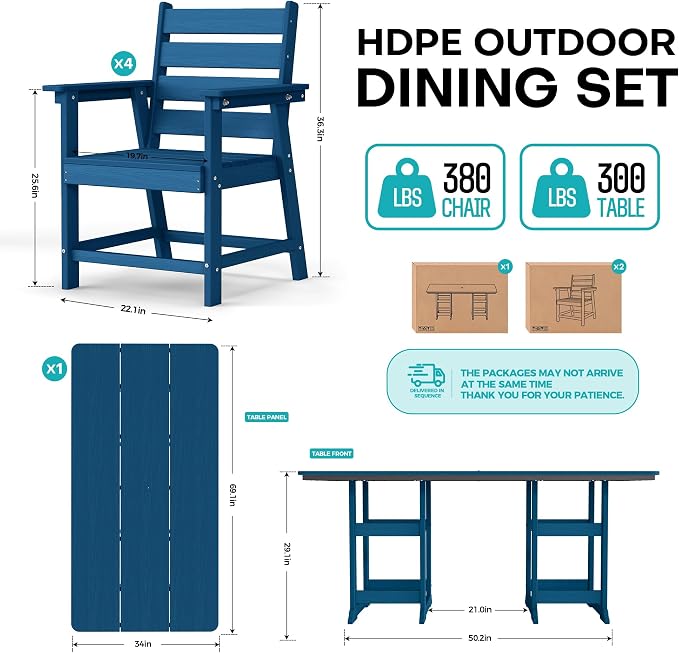 7-Piece Dining Set, HDPE Table & 6 Chairs, Navy Blue | HDPE Dining Set: 69.1" Table + 6 Chairs, 380 lbs, 304 Stainless, All-Weather, No Rust No Crack, Outdoor Patio Garden