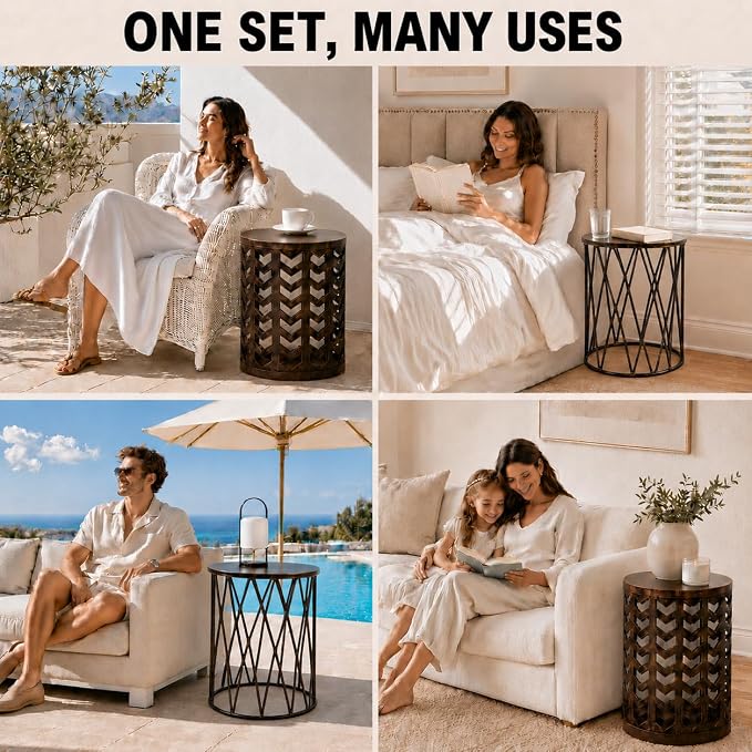 Y&M Set of 3 Black with Bronze End Tables, Nesting Metal Round Coffee Table, Heavy Duty Metal Plant Stand Garden Stool, Outdoor Multifunctional Use