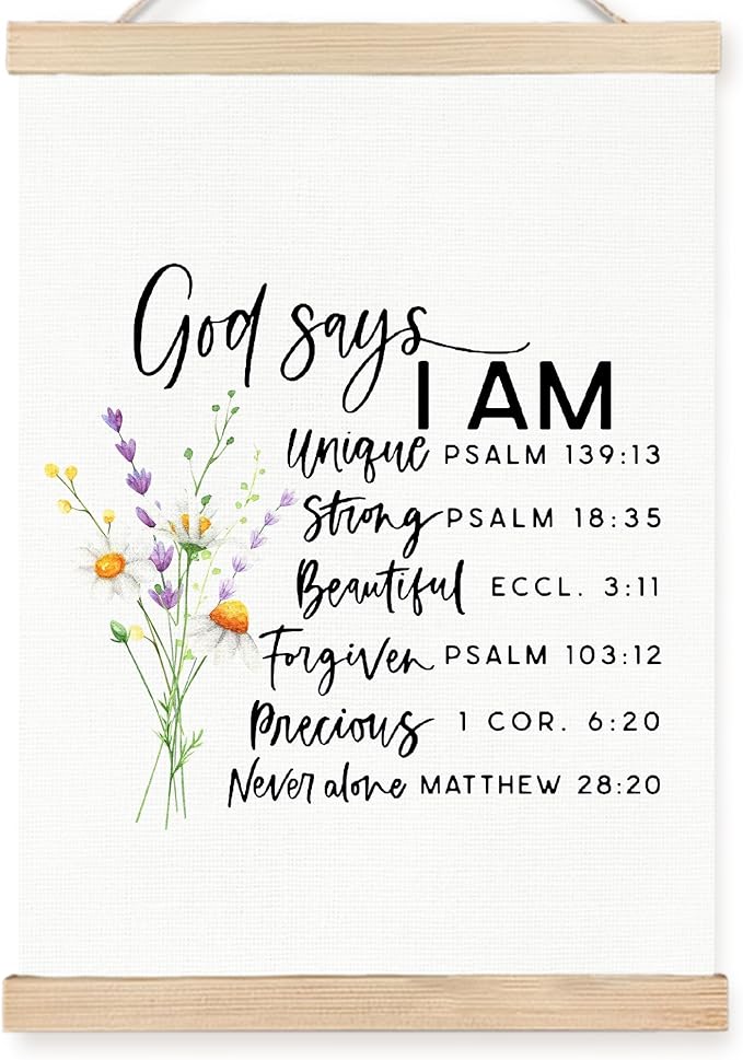 FDHSPAAM God Says I Am Christian Wall Art Decor, Bible Verses Wall Decorations, Inspirational Floral Religious Scripture Wall Art Posters for Home Bedroom Living Room Office Church, 12x16 Inch