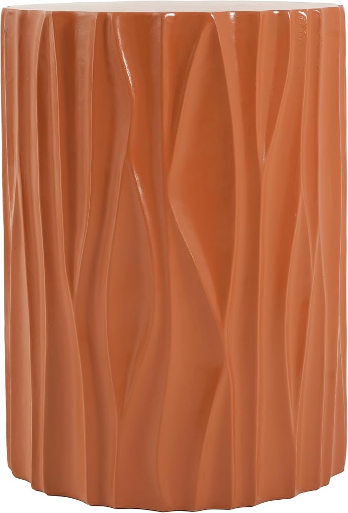 Terracotta Wave Textured MGO Cylindrical Side Table, Indoor & Outdoor Multi-Use Stool Table for Living Room Patio Balcony